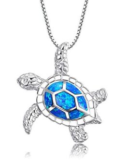 ANLW Victoria Jewelry [Health & Longevity] 925 Sterling Silver Creates Blue Opal Turtle Pendant Necklace