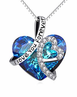AOBOCO Sterling Silver I Love You Forever Heart Pendant Necklace with Blue Swarovski Crystals